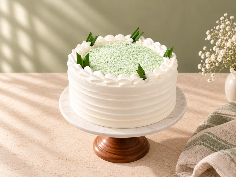 Pandan Layer Cake with white cream and pandan leaf decorations