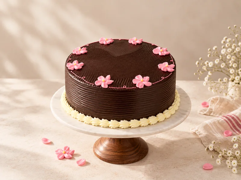 Super Moist chocolate cake with pink flower decorations
